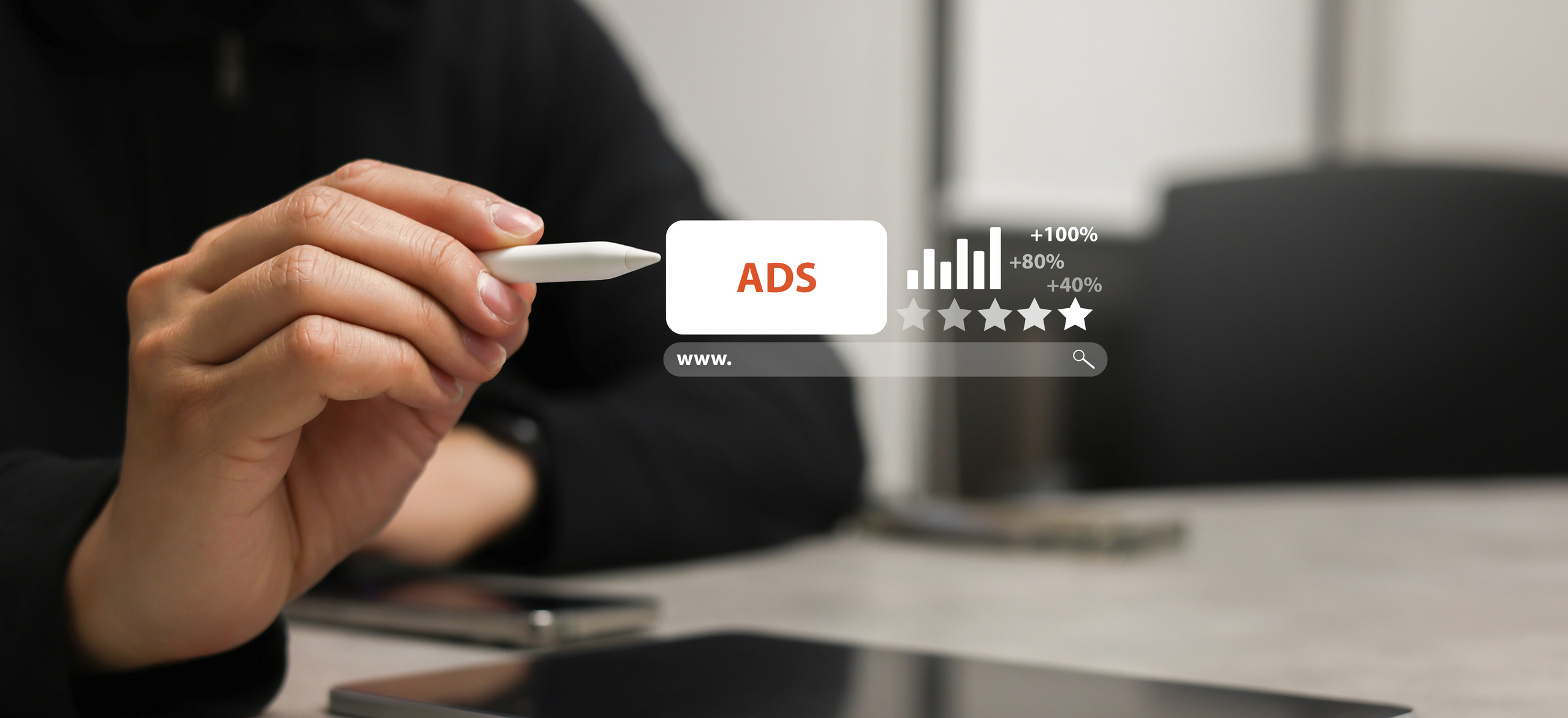 businessman hold stylus pen and point ads to use marketing tool to announce promotion and special offer and checking traffic research of pay per click program on web page for online business concept PPC Vs. SEO
